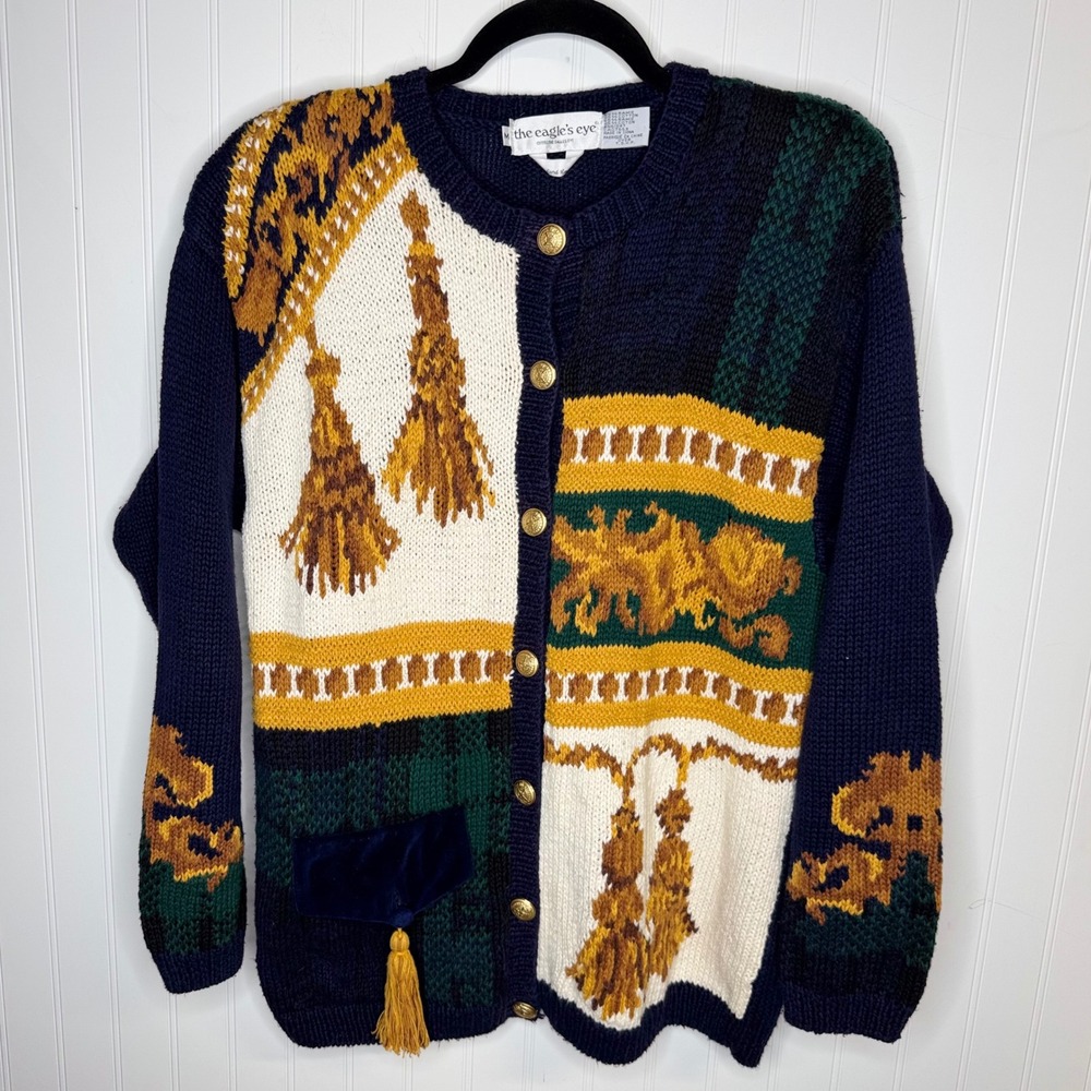 Vintage 1993 Eagles Eye Cardigan Sweater Gold Tassel Navy Green Medium